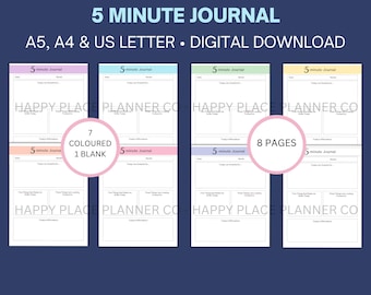 5 Minute Journal, PDF DOWNLOAD, Gratitude Journal, Daily Journal, Self Care Journal, Five Minute Journal, Daily Reflection, A4, A5, USLETTER