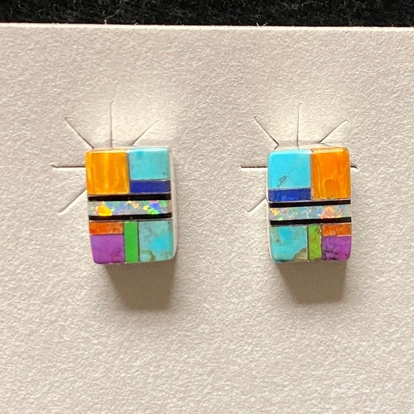 Sterling Silver Multi-Color Inlay Rectangle Stud Earrings