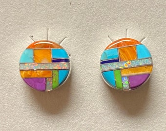 Circle Post Multi-Inlay Earrings with Genuine Sterling Silver
