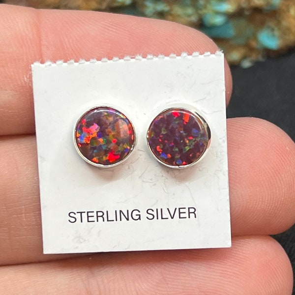 8x8MM Sterling Silver Petite Circle Cute Stud Earrings I Sterling Silver Red Fire Opal Stud Earrings