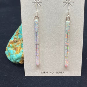 Sterling Silver White Opal Stick Earrings I Inlay Earrings