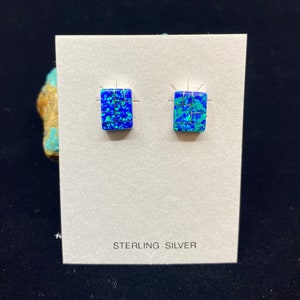 Sterling Silver Blue Opal Inlay Rectangle Stud Earrings Active Active