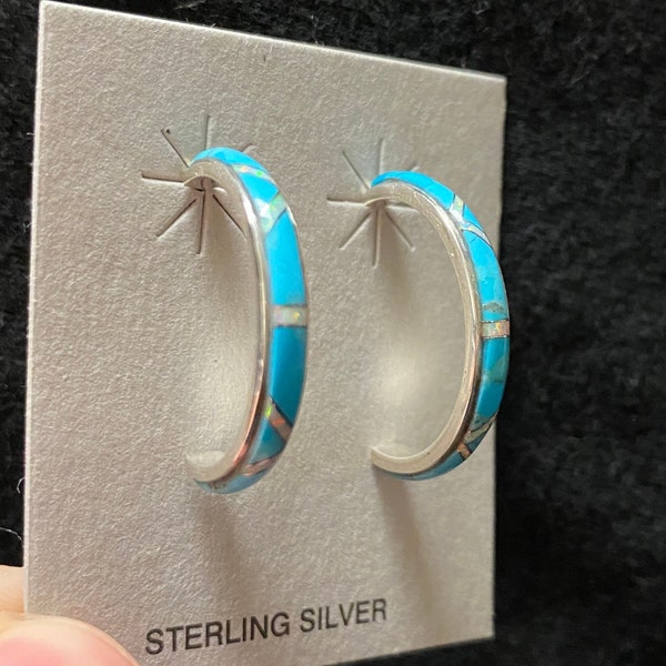 Turquoise Inlay Half Hoop Earrings With White Opal Mix