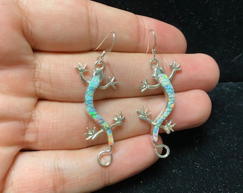 White Opal Inlay Gecko Earrings with Sterling Silver Active