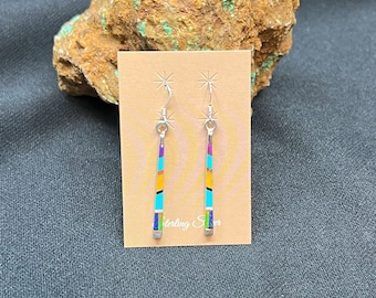 Turquoise Inlay Stick Earrings Southwest Style with Sterling Silver