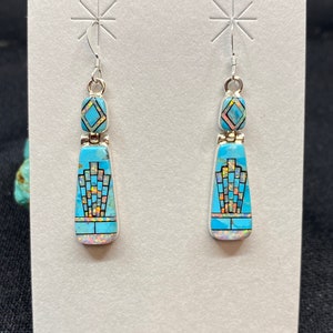 Micro Inlay Sterling Silver Coral & Turquoise, White Opal Earrings I Suri Southwest I 925 Sterling Silver