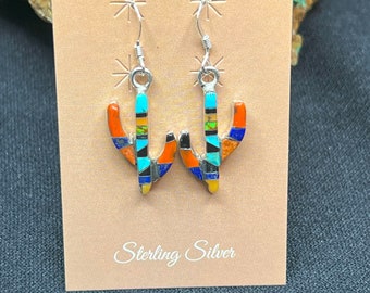 Sterling Silver Multi-Color Cactus Inlay Earrings
