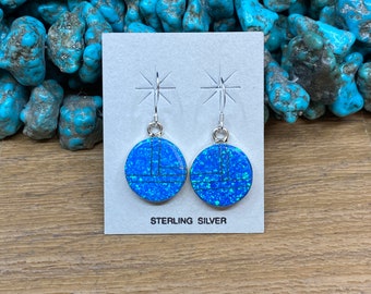 Circle Post Blue Opal Earrings with Genuine Sterling Silver