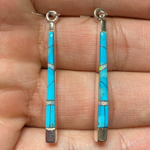 Turquoise Inlay Stick Earrings Southwest Style with Sterling Silver