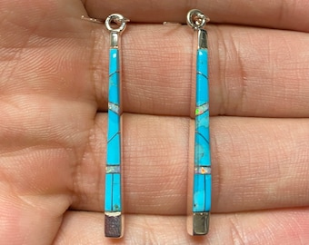 Turquoise Inlay Stick Earrings Southwest Style with Sterling Silver