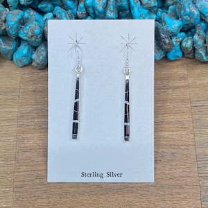 Black Onyx & Fiery White Opal Inlay Stick Earrings Southwest Style with Sterling Silver