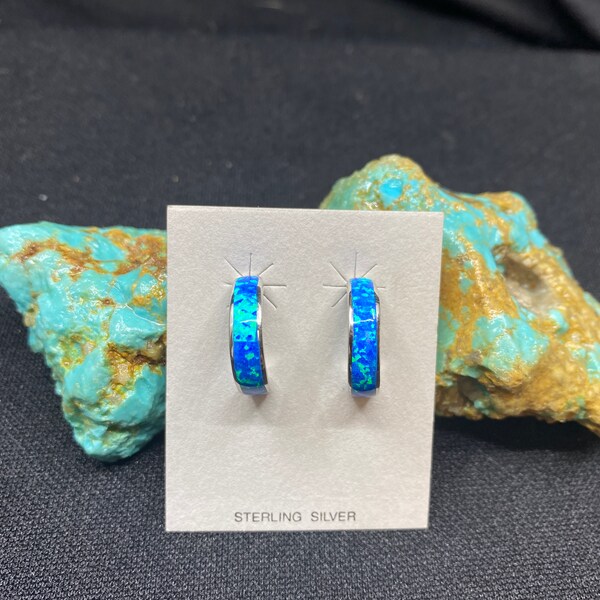 Sterling Silver Blue Opal Half Hoop Earrings