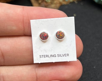 6x6MM Sterling Silver Petite Circle Cute Stud Earrings I Sterling Silver Rare Red Fire Opal Stud Earrings