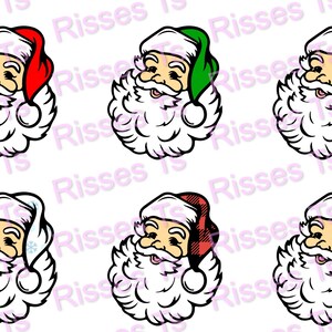 May include: Six different illustrations of Santa Claus with various colored hats. Each Santa has a white beard and a white background.