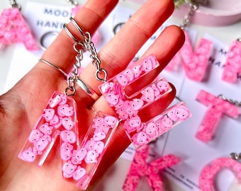 Custom Initial Resin Pig Keychain, Pink Solid Letter Keyring, Animal Themed Bag Accessory For Women, Handmade Cute Key Pendant
