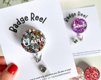 Personalised Name Glitter Resin Badge Reel, Custom Retractable ID Holder, Lanyard Alternative For Nurses and Teachers