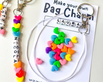 DIY Bag Charm Kit, Personalised Heart Keychain Kit, Colourful Craft Activity, Custom Beaded Pendant For Women, Make Your Own Bag Charm