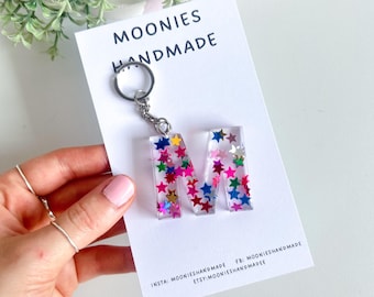 Colour Star Keychain, Resin Initial Keyring, Custom Handmade Bag Charm, Bright Sparkly Accessories for Women
