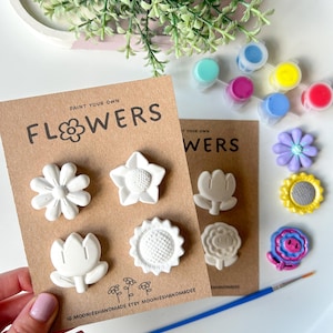 May include: A craft kit featuring the text "PAINT YOUR OWN FLOWERS" on a brown card. The kit includes white plaster flower shapes, paint pots in various colours, and a paintbrush. The flowers are in different shapes, including a daisy, star, and tulip.