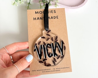 Personalised Halloween Bat Bauble, Custom Name Spooky Tree Decorations, Autumn  Resin Baubles, Family Name Tree Decorations