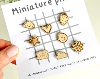 Miniature Wooden Engraved Pin Badges, Mix and Match Variety Of Small Pins, Cute Whimsical Gifts For Friends, Tiny Office Supplies For Women