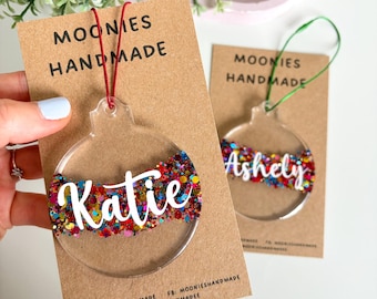 Rainbow Glitter Christmas Baubles, Custom Name Tree Decorations, Glittery Resin Baubles, Family Name Tree Decorations