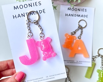 Custom Glitter Initial Teddy Bag Charm, Chunky Keychains For Purses, Matching Keyring Set, Colourful Neon Sparkly Accessories, Y2K Gifts