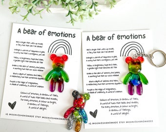 Llavero Rainbow Worry Bear, Regalo de apoyo emocional, Regalo de salud mental para amigos, Tarjeta de emoción, Regalo para recogerme, Llavero Rainbow Bear