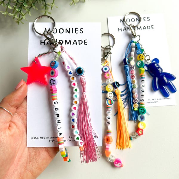 Personalised Bag Charm, Personalised Beaded Keychain, Custom Bag Charm Keyring, Rucksack Attachment, Custom Name Keyring, Colourful Gifts