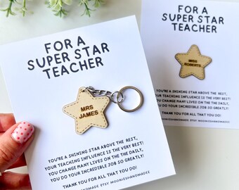 Personalised Engraved Star Teacher Keychain, End Of Year Thank You Pin, Wooden Custom Teacher Accessories, Nursery Helper TA Appreciation