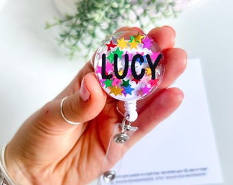 Custom Name Star Resin Badge Reel, Custom Retractable ID Holder, Lanyard Alternative For Nurses and Teachers, Colourful Work Accessories