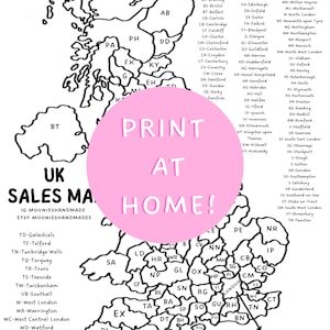 Carte des ventes au Royaume-Uni, carte des codes postaux, suivi des petites entreprises, affiche des codes postaux, carte à colorier, impressions à télécharger, carte des ventes au Royaume-Uni, cadeau pour les petites entreprises