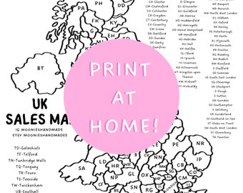 UK Sales Map, Postcode Map, Small Business Tracker, Postcode Poster, Colour In Map, Prints For Download, Sales Map UK, Small Business Gift