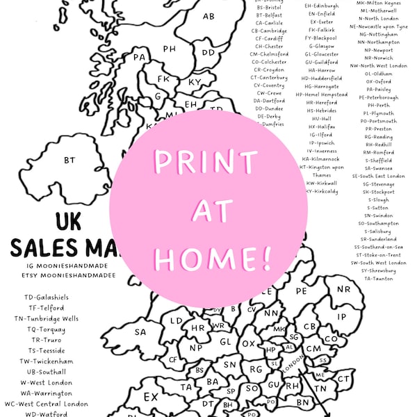 UK Sales Map, Postcode Map, Small Business Tracker, Postcode Poster, Colour In Map, Prints For Download, Sales Map UK, Small Business Gift