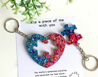 Puzzle Keychain, Couples Keychain Set, Back To School Keyring, Long Distance Gift, Anxiety Gifts For Girls, Pocket Hug, Resin Heart Keychain