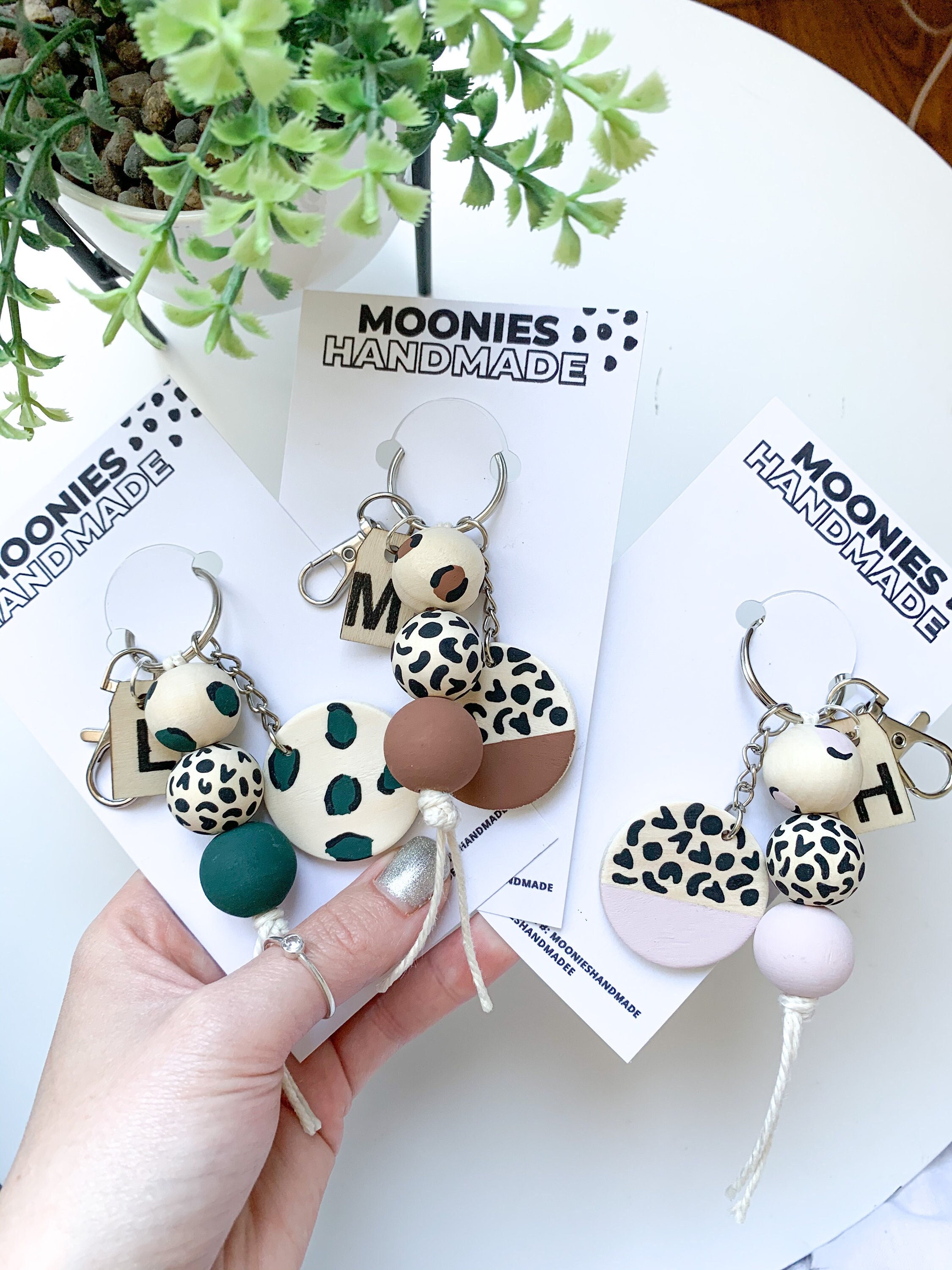 Handmade Leopard Print Keyring, Wooden Beaded Keychain, Personalised ...