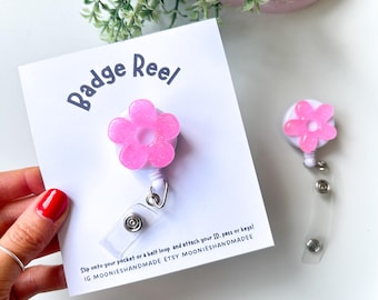 Glitter Flower Resin Badge Reel, Custom Retractable ID Holder, Lanyard Alternative For Nurses and Teachers