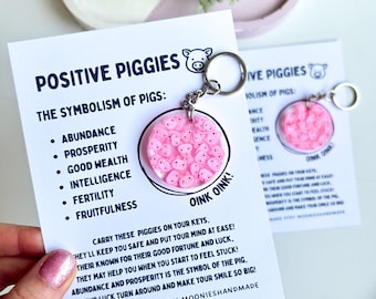 Positive Pig Keychain, Piggy Keyring Themed Gift, Good Luck Present, Handmade Round Resin Pendant, Pink Animal Bag Charm, Positivity Token