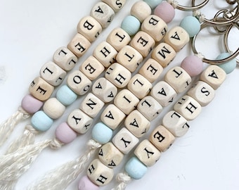 Wooden Letter Keyring, Name Keychain, Wooden Beads Key Finder, back To School Accessories, Baby Pink Keyring, Blue Wood Key Charm, Identify