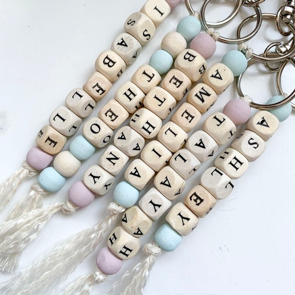 Wooden Letter Keyring, Name Keychain, Wooden Beads Key Finder, back To School Accessories, Baby Pink Keyring, Blue Wood Key Charm, Identify