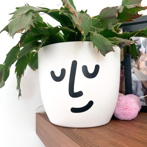 May include: A white ceramic planter with a black face design, featuring closed eyes, a nose, and a smiling mouth. The planter is filled with a green cactus plant.