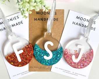 Custom Glittery Initial Christmas Baubles, Custom Name Tree Decorations, Colourful Glitter Resin Baubles, Family Name Tree Decorations