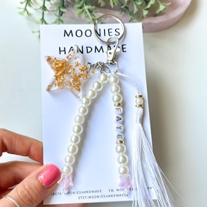 Personalised Resin Star Bag Charms, Custom Gold Flake Pearl Bead Keychains, Handmade Beaded Bag Pendants, Women's Bridal Party Gift