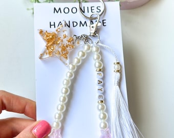 Personalised Resin Star Bag Charms, Custom Gold Flake Pearl Bead Keychains, Handmade Beaded Bag Pendants, Women's Bridal Party Gift