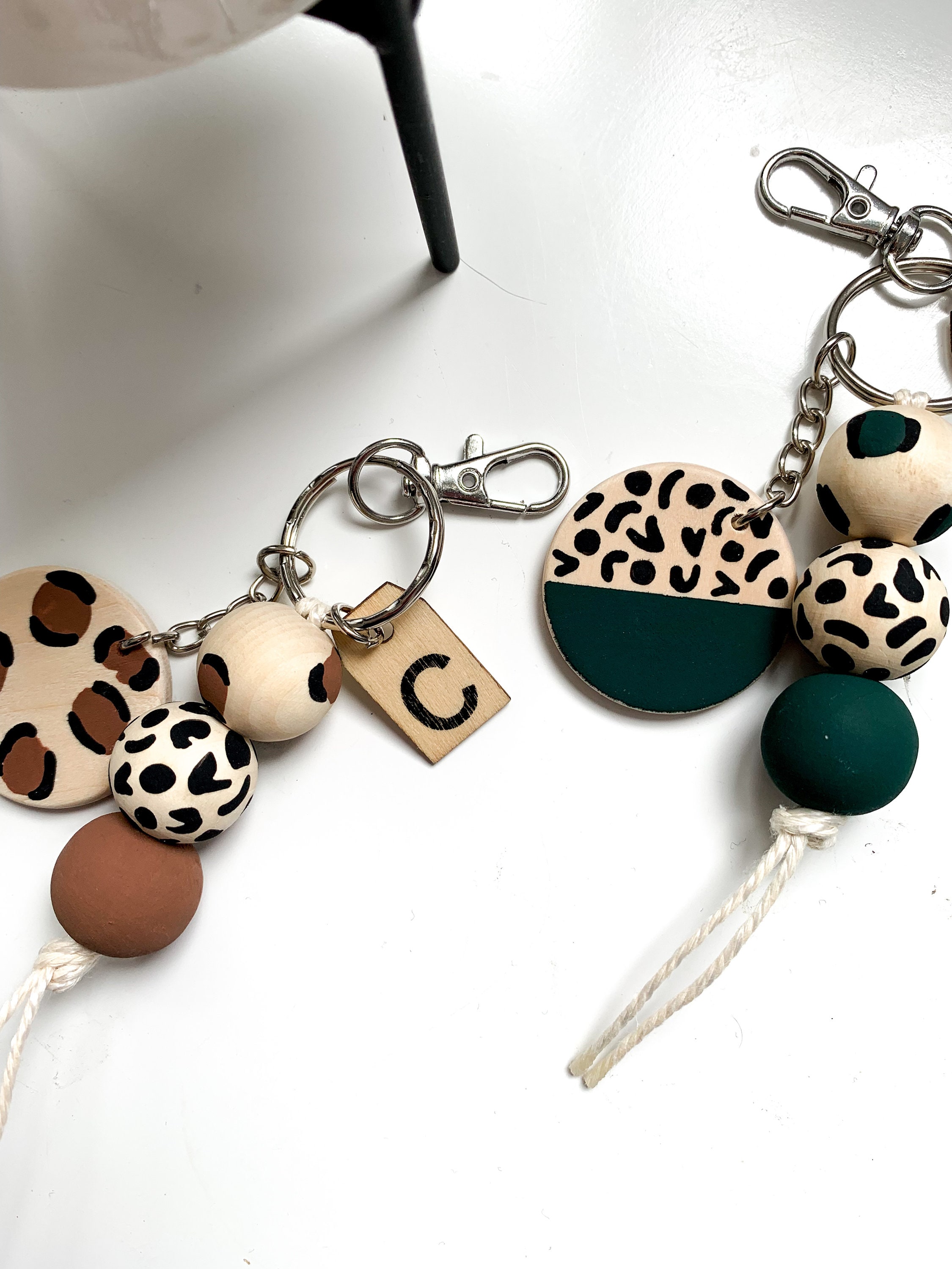 Handmade Leopard Print Keyring, Wooden Beaded Keychain, Personalised ...