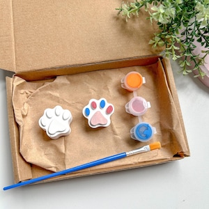 May include: A craft kit containing two white ceramic paw prints, three small paint pots with orange, pink, and blue paint, and a blue paintbrush. The kit is packaged in a brown cardboard box.