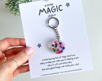A Little Magic Keychain, Circle Resin Charm Filled With Stars, Good Luck Gift,  New Job Token Gifts,  Made to Order Handmade Bag charms