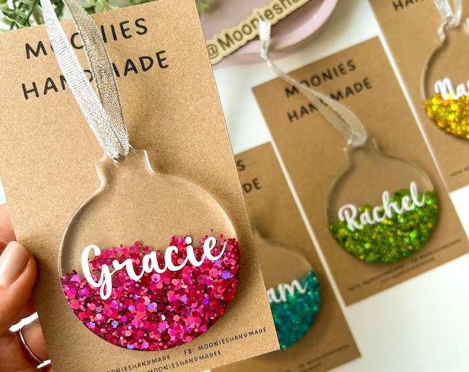 Colourful Glitter Christmas Baubles, Custom Name Tree Decorations, Glittery Resin Baubles, Family Name Tree Decorations