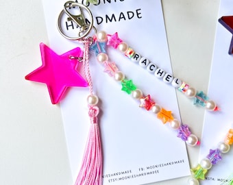 Personalised Resin Star Bag Charms, Custom Colourful Pearl Bead Keychains, Handmade Beaded Bag Pendants, Women's Summer Accessories
