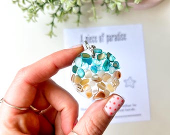 Round Beach Scene Keyring, Resin Shell Keychain, Holiday Vacation Souvenir, Summer Bag Charm Accessories